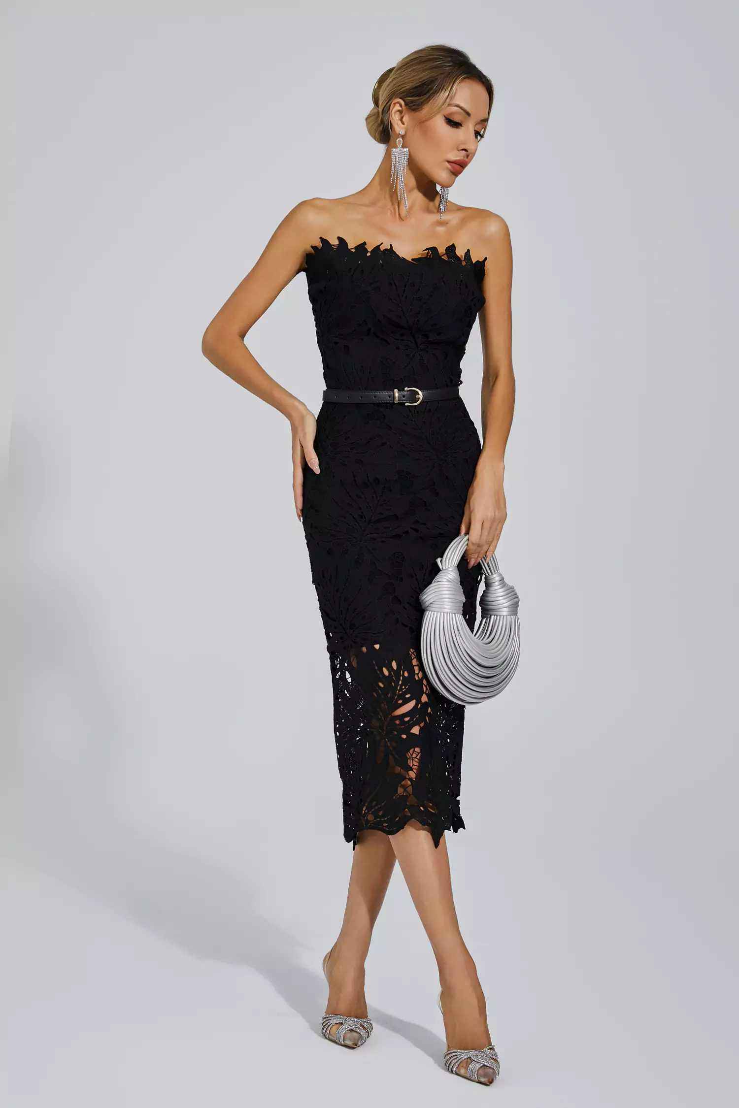 Clemens Black Floral Lace Midi Dress