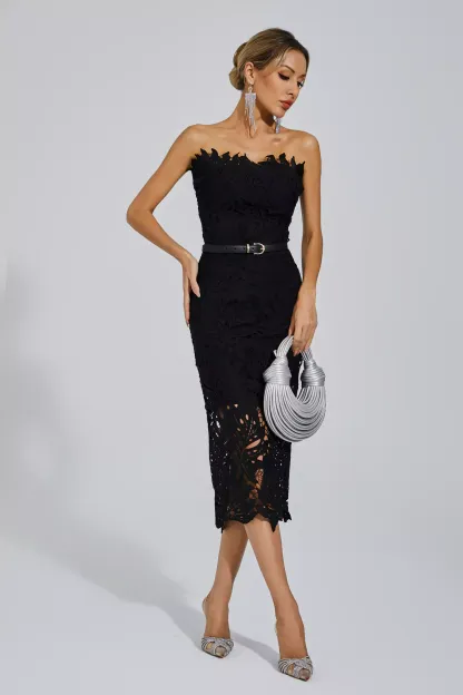 Clemens Black Floral Lace Midi Dress