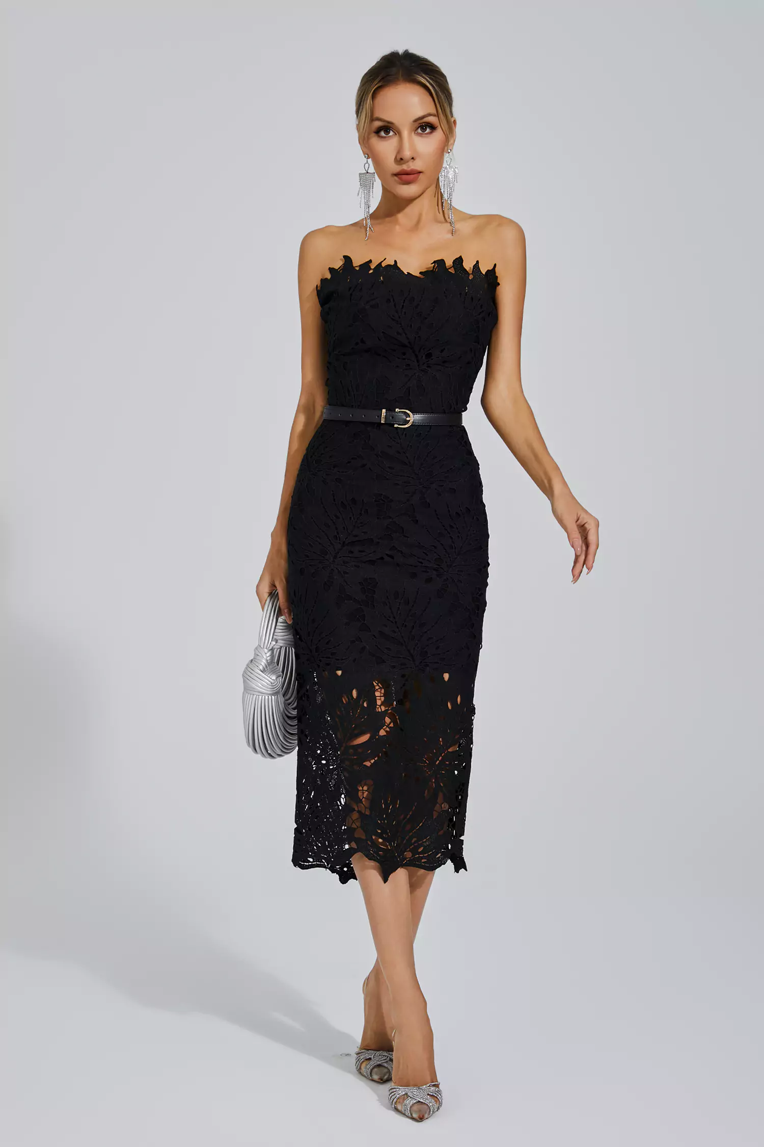Clemens Black Floral Lace Midi Dress