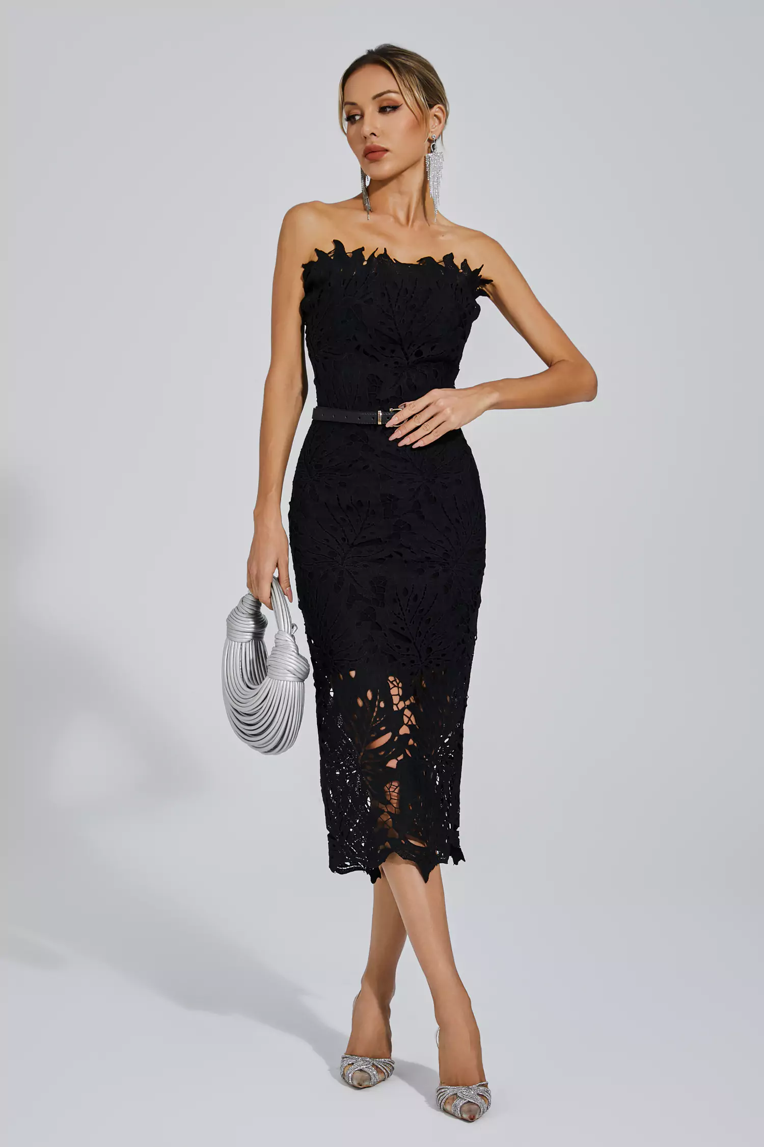 Clemens Black Floral Lace Midi Dress