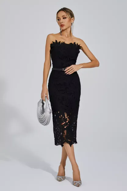 Clemens Black Floral Lace Midi Dress