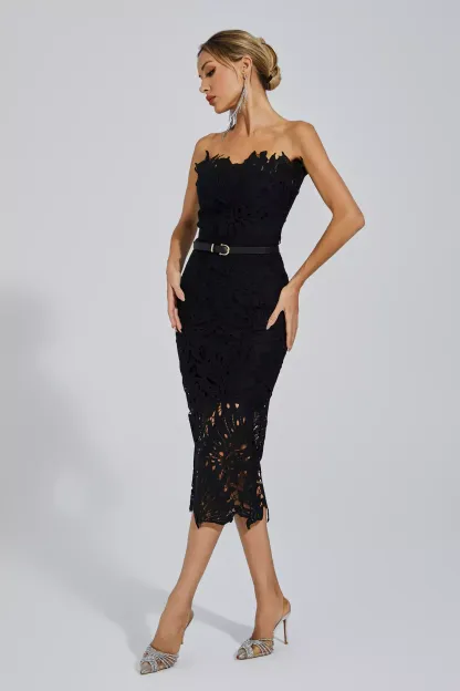 Clemens Black Floral Lace Midi Dress