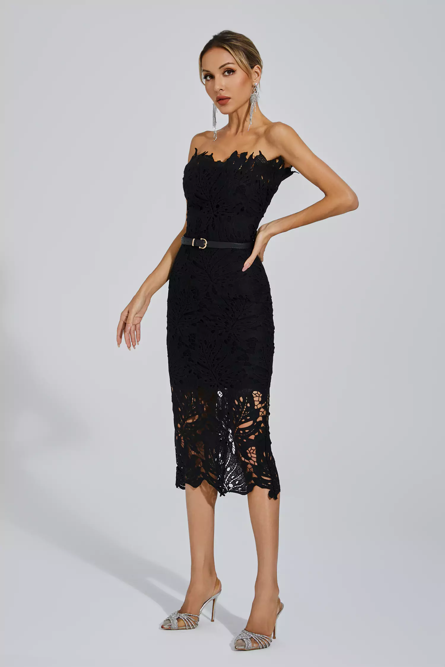 Clemens Black Floral Lace Midi Dress