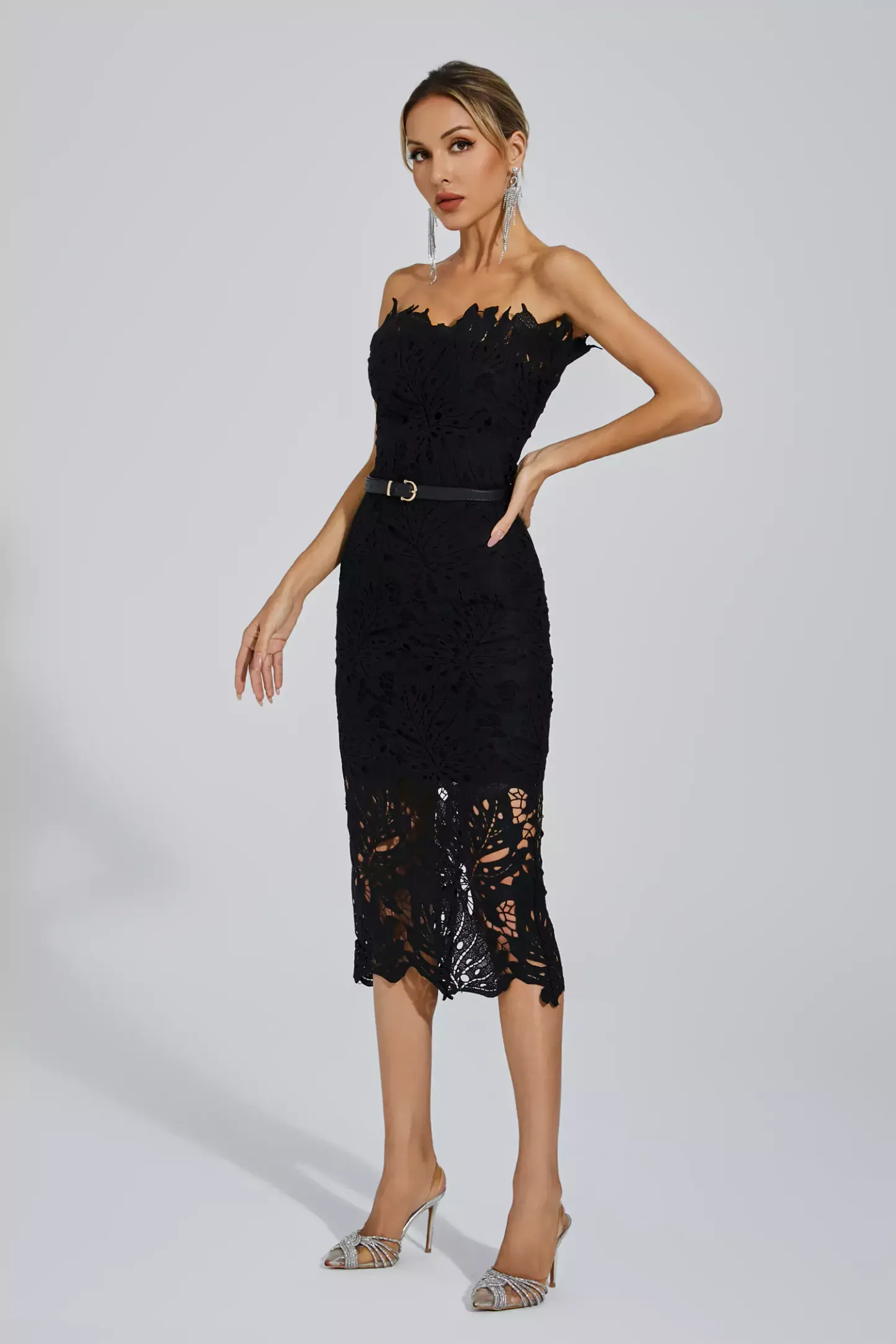 Clemens Black Floral Lace Midi Dress