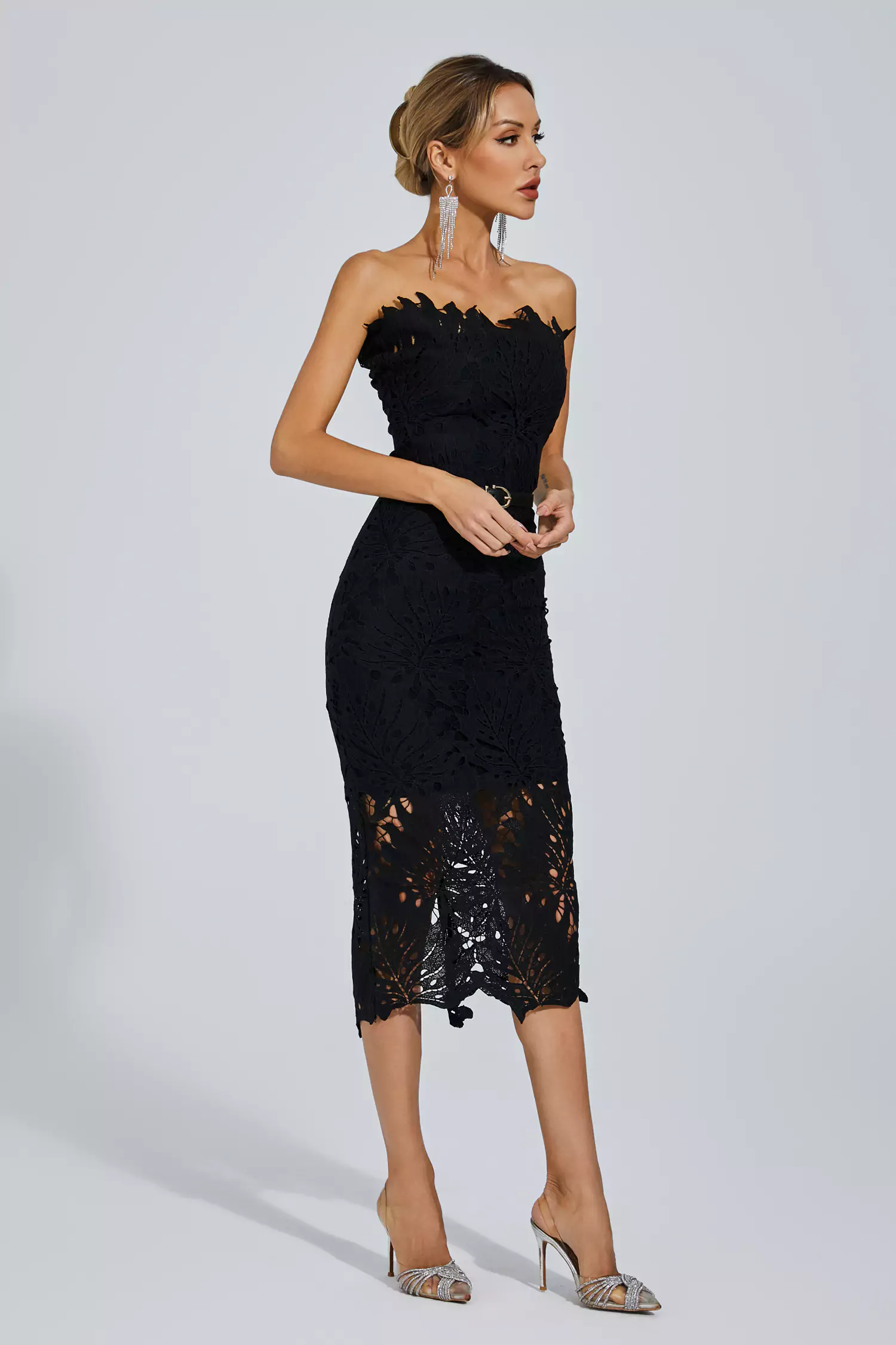 Clemens Black Floral Lace Midi Dress