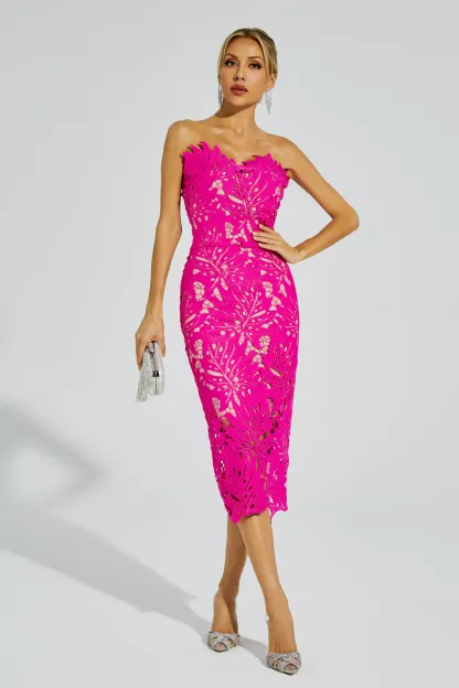 Clemens Rose Red Floral Lace Midi Dress