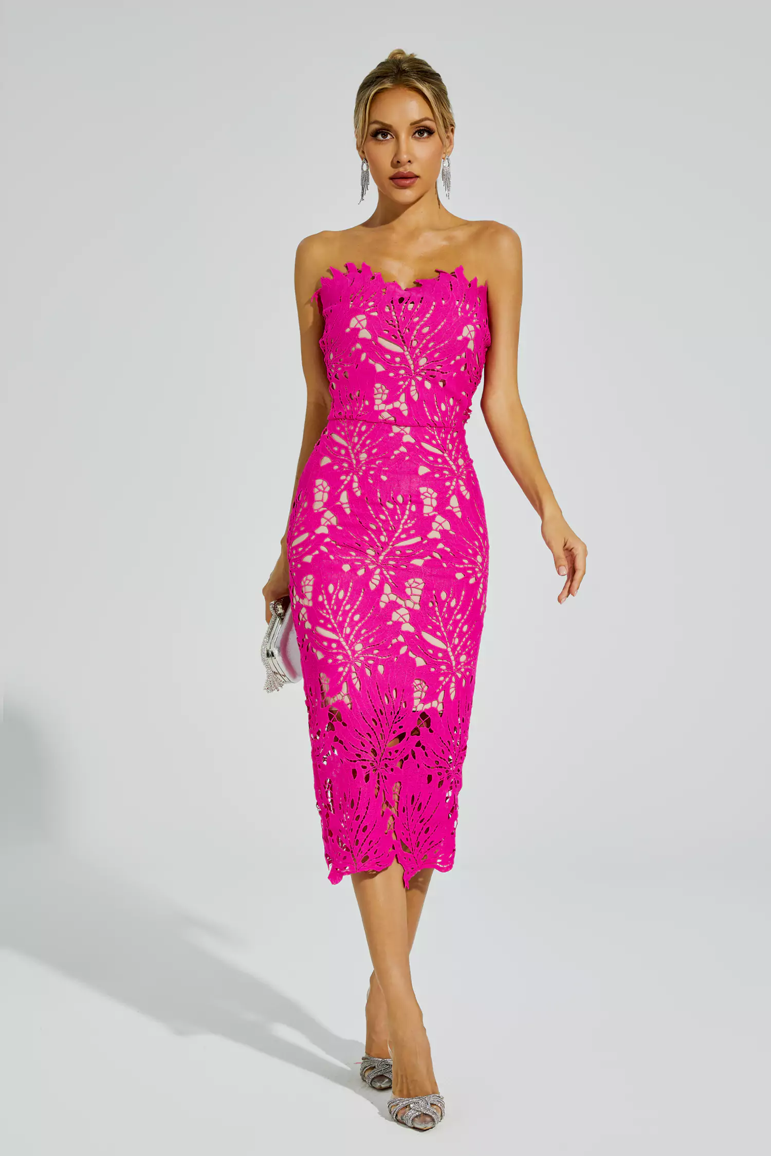 Clemens Rose Red Floral Lace Midi Dress