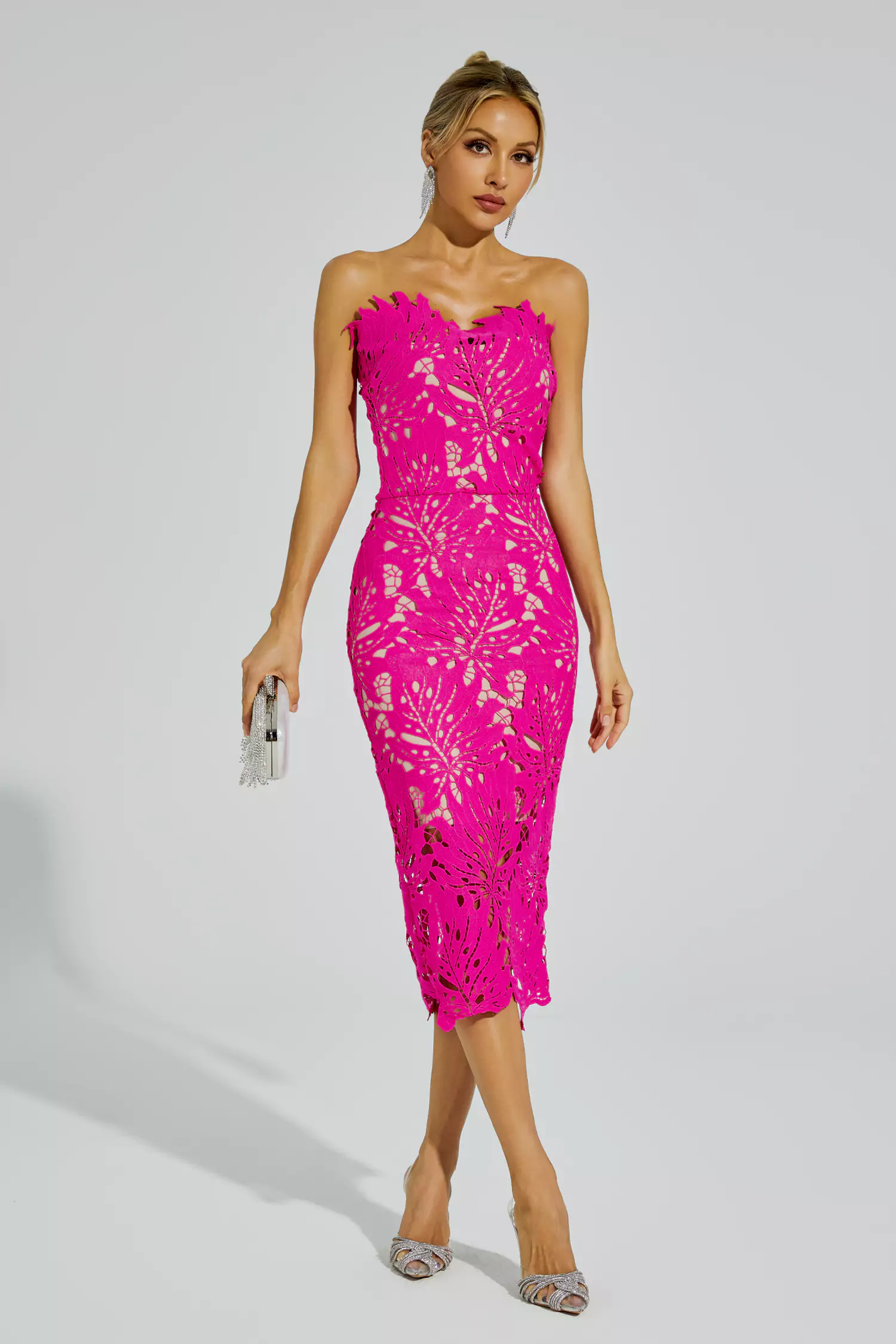 Clemens Rose Red Floral Lace Midi Dress