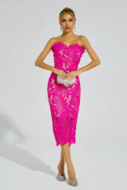 Clemens Rose Red Floral Lace Midi Dress