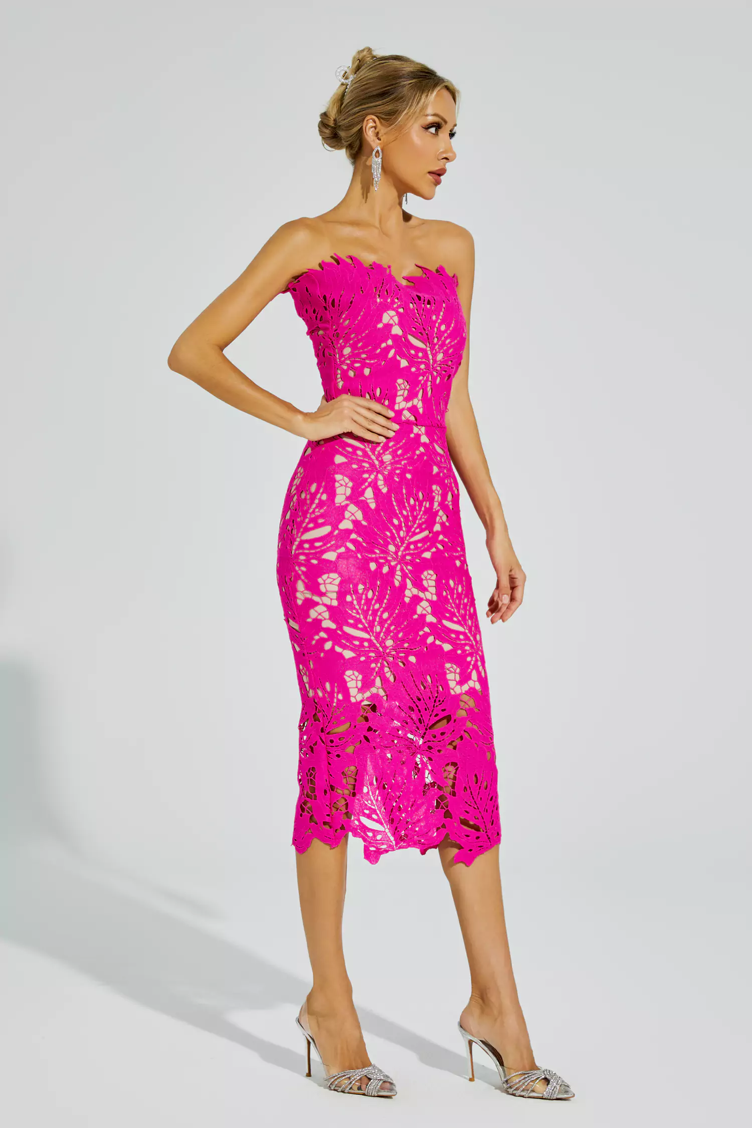Clemens Rose Red Floral Lace Midi Dress