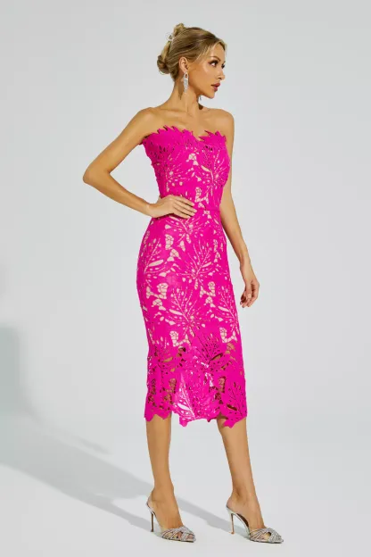 Clemens Rose Red Floral Lace Midi Dress