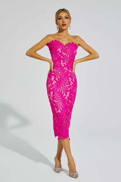 Clemens Rose Red Floral Lace Midi Dress