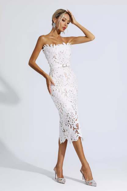 Clemens White Floral Lace Midi Dress