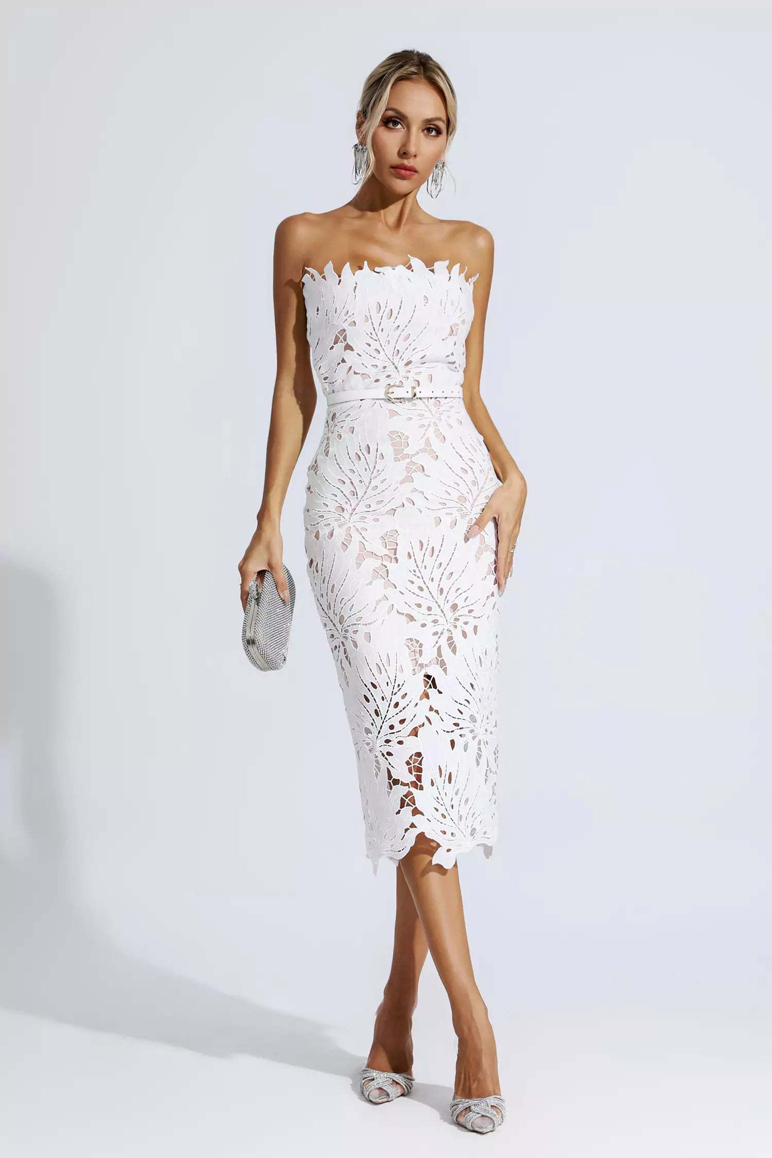 Clemens White Floral Lace Midi Dress