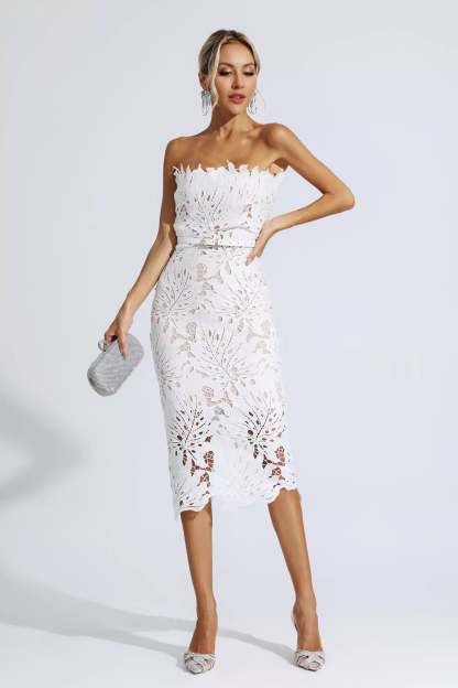 Clemens White Floral Lace Midi Dress