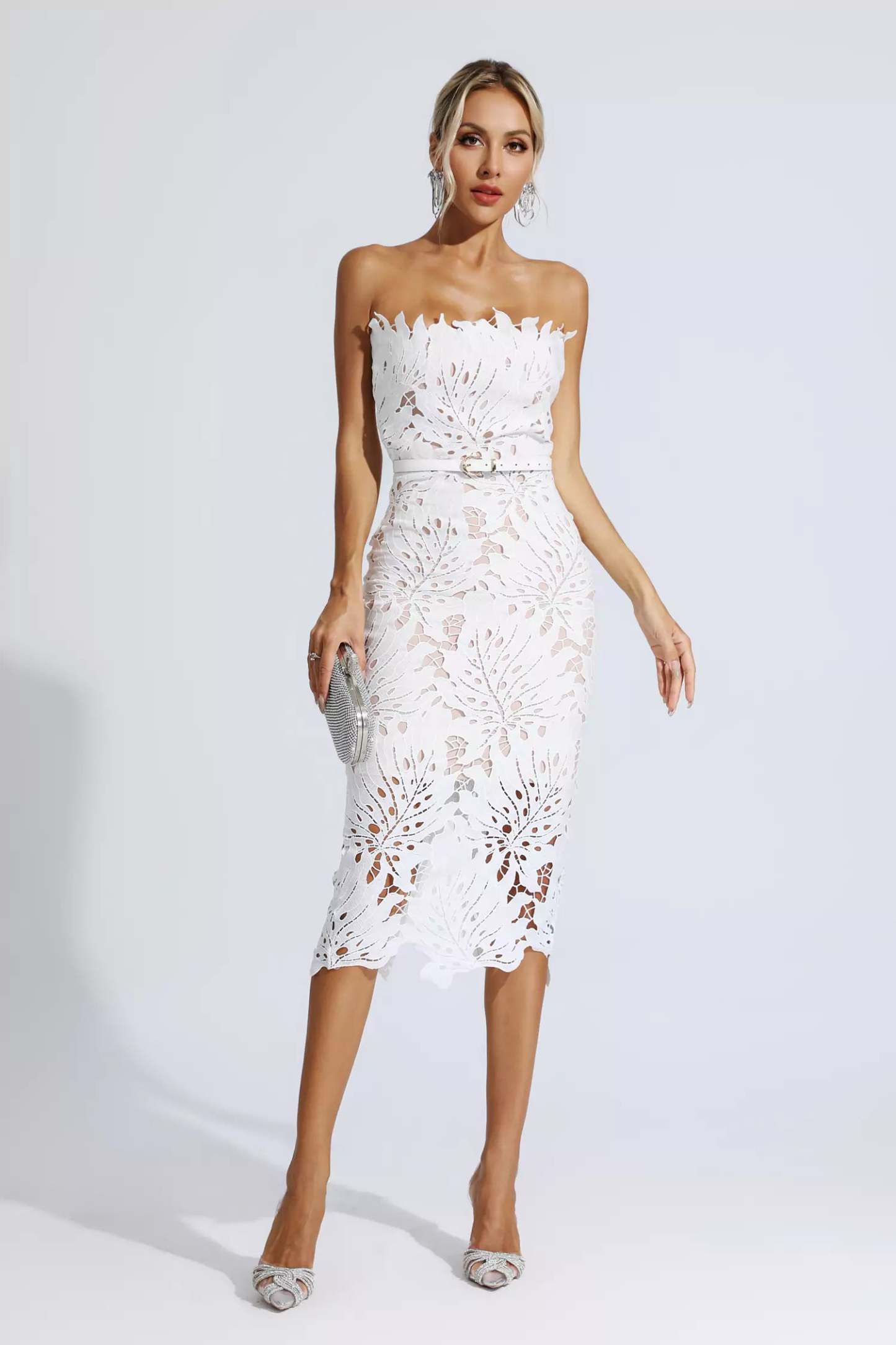 Clemens White Floral Lace Midi Dress