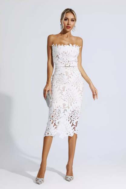 Clemens White Floral Lace Midi Dress