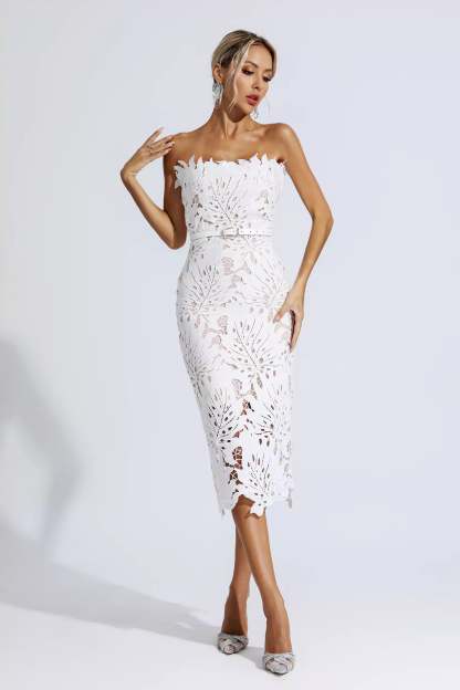 Clemens White Floral Lace Midi Dress