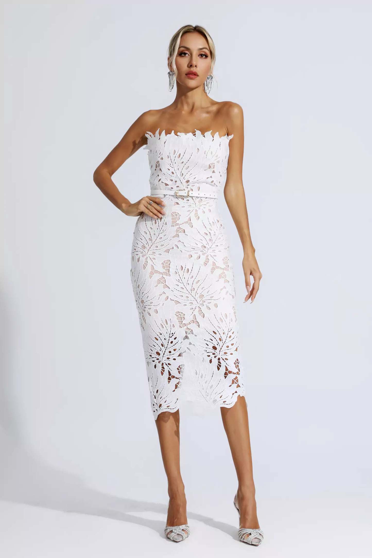 Clemens White Floral Lace Midi Dress