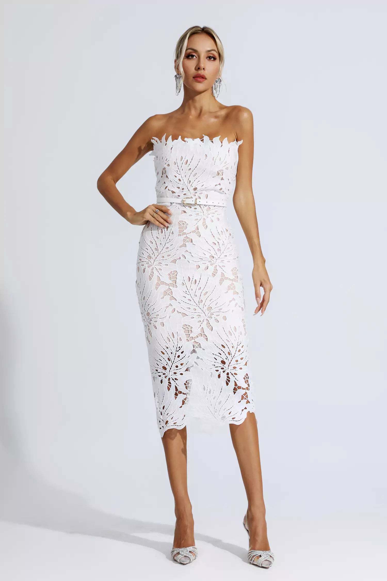Clemens White Floral Lace Midi Dress