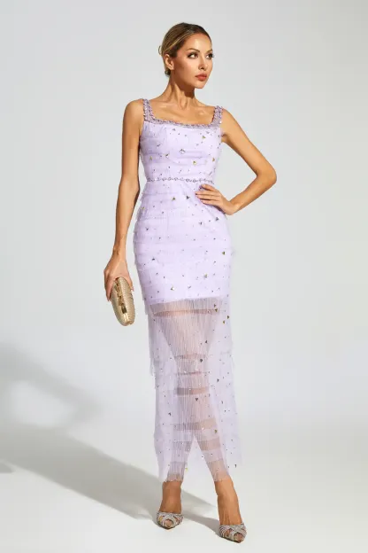 Colbert Purple Diamond Mesh Midi Dress
