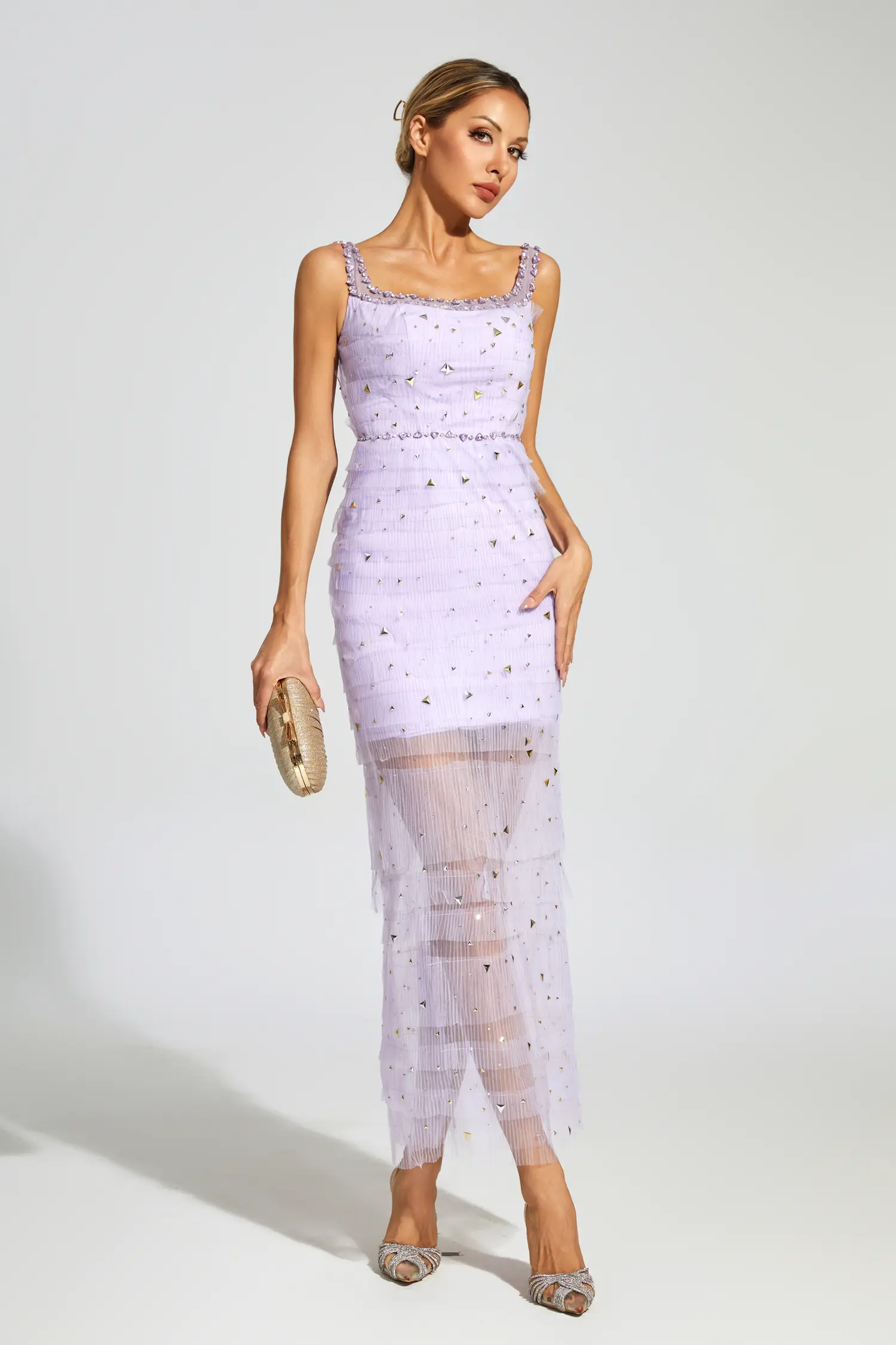 Colbert Purple Diamond Mesh Midi Dress