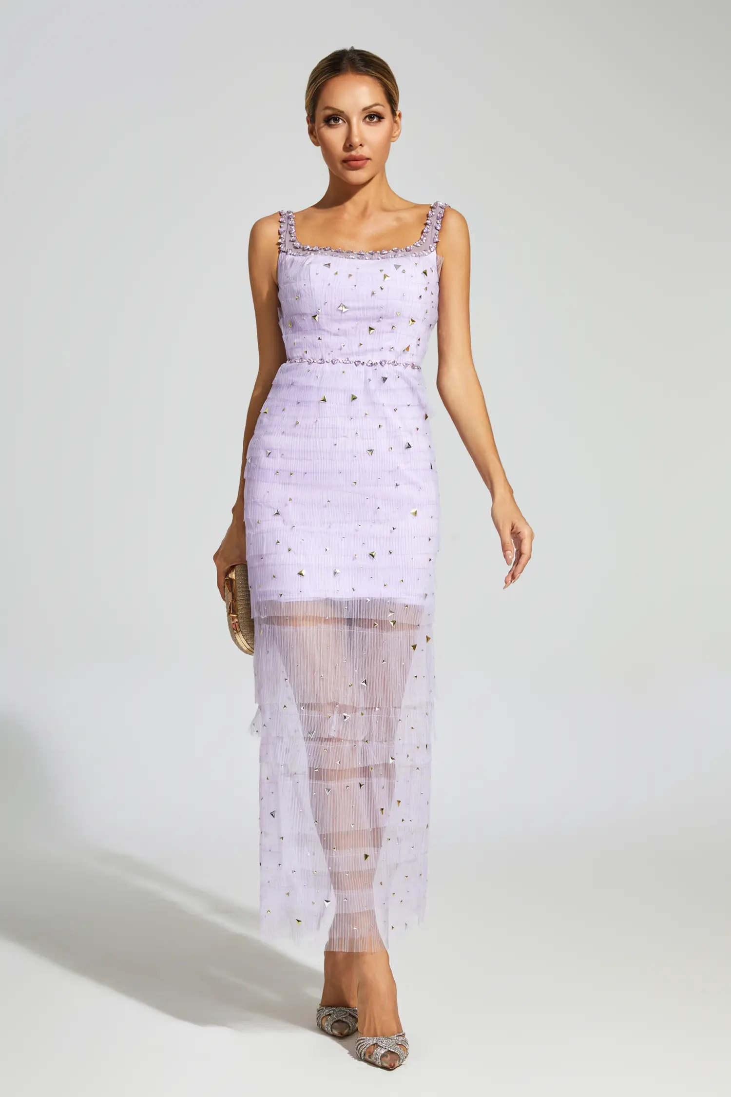 Colbert Purple Diamond Mesh Midi Dress