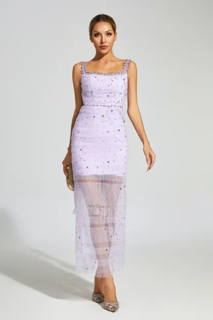 Colbert Purple Diamond Mesh Midi Dress
