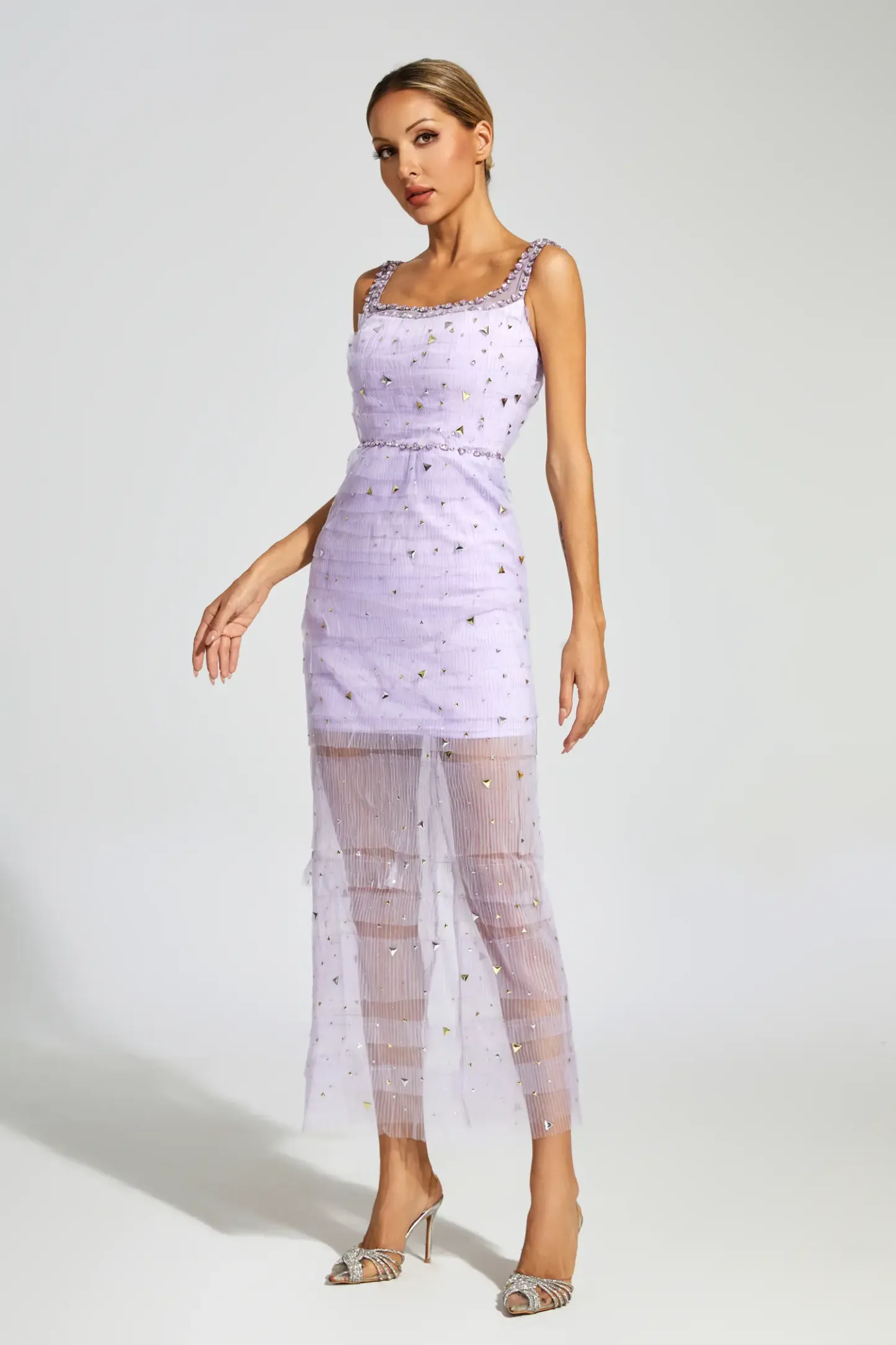 Colbert Purple Diamond Mesh Midi Dress