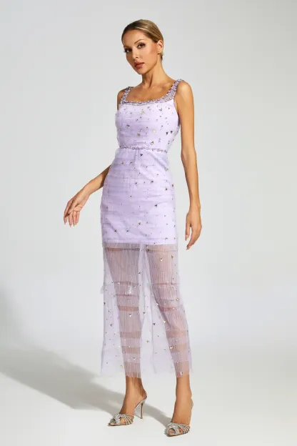 Colbert Purple Diamond Mesh Midi Dress
