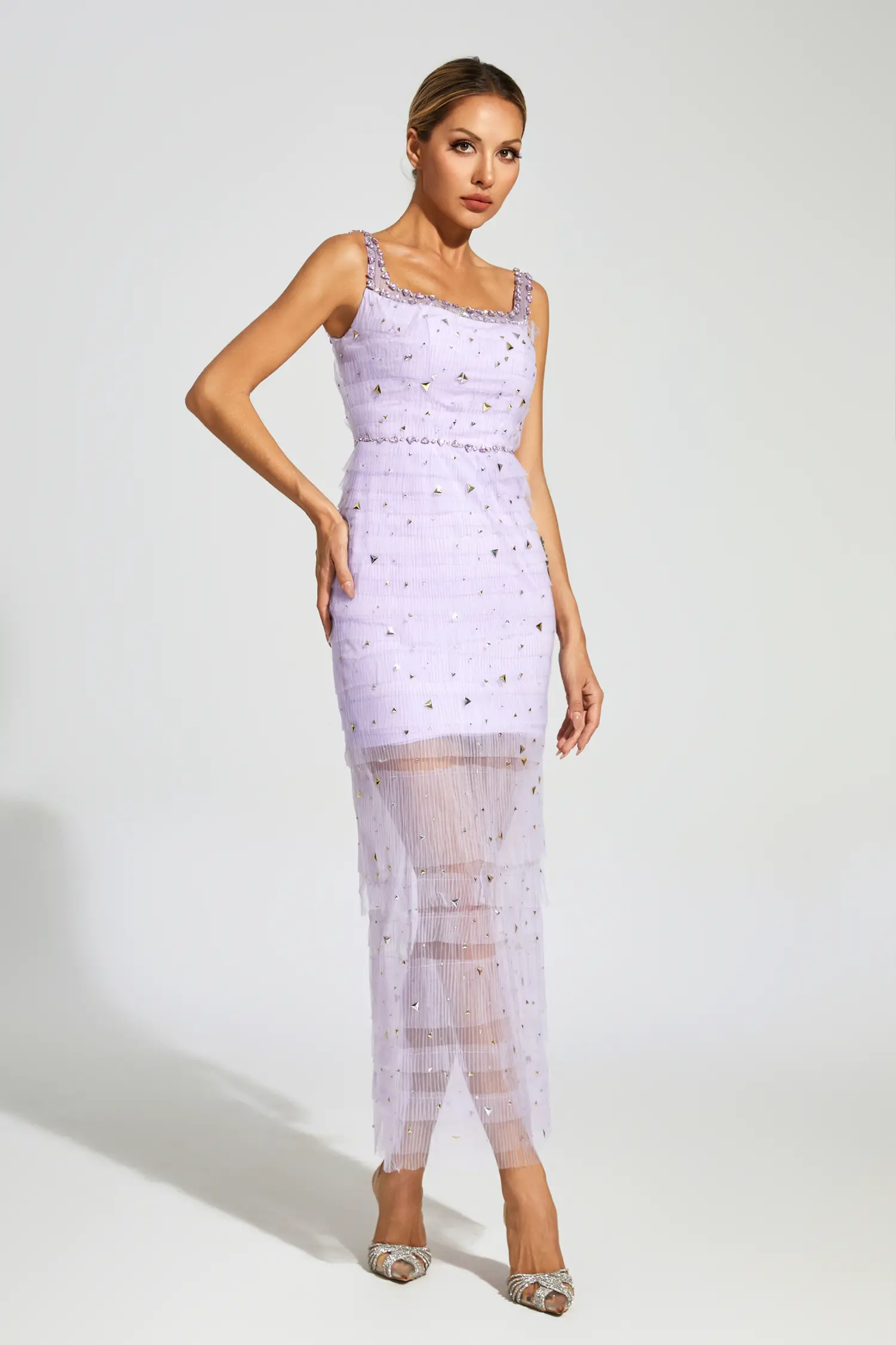 Colbert Purple Diamond Mesh Midi Dress