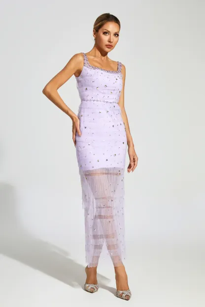 Colbert Purple Diamond Mesh Midi Dress