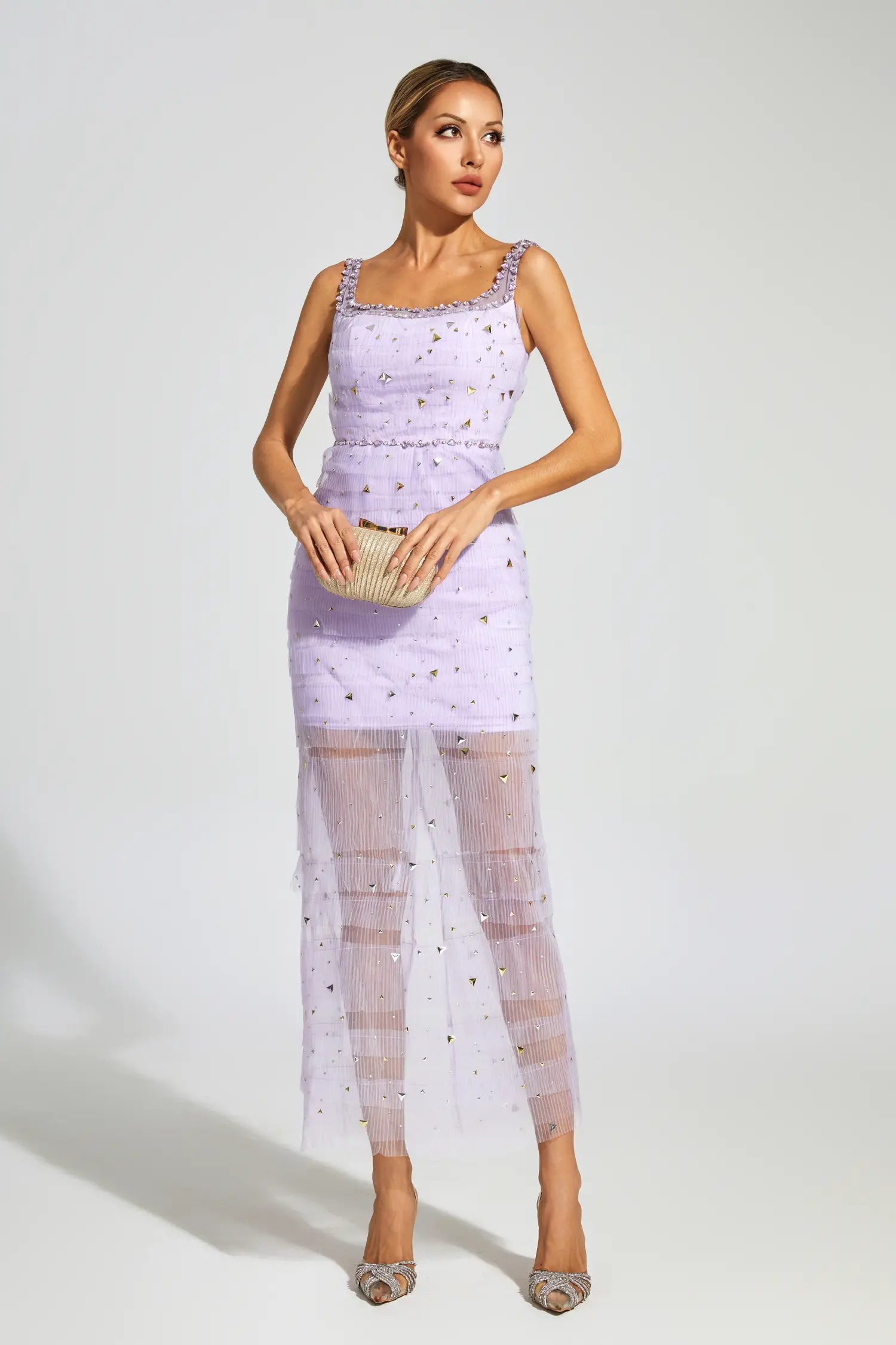 Colbert Purple Diamond Mesh Midi Dress