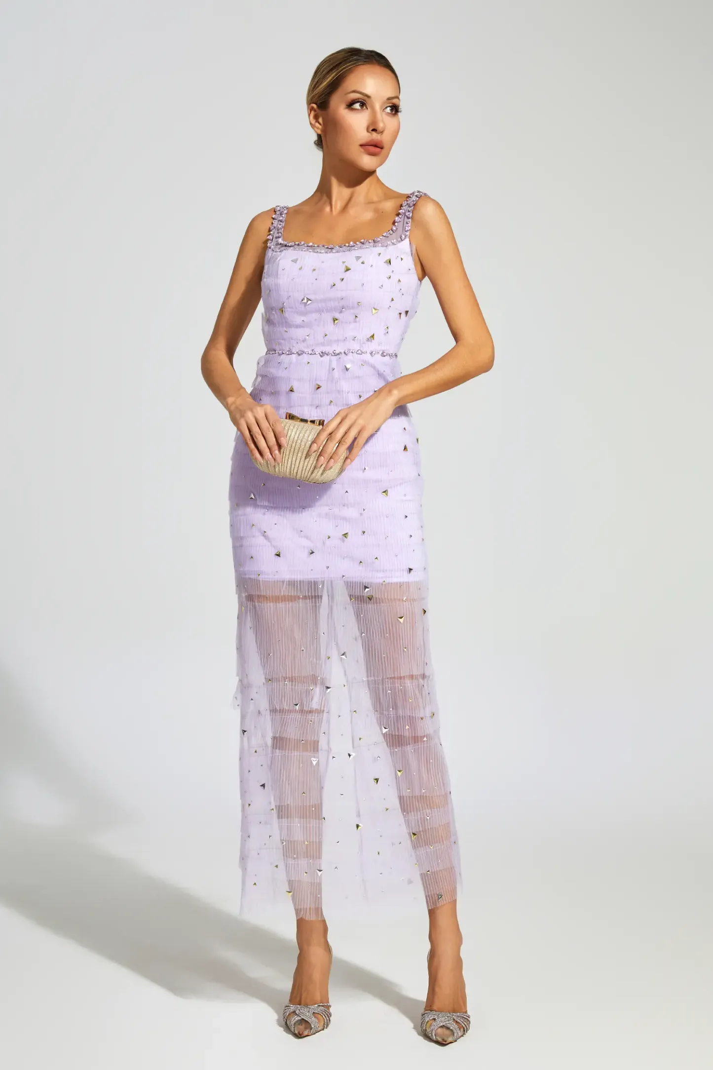 Colbert Purple Diamond Mesh Midi Dress