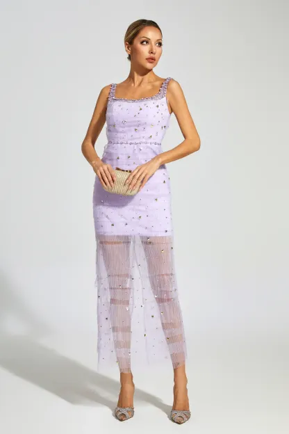 Colbert Purple Diamond Mesh Midi Dress