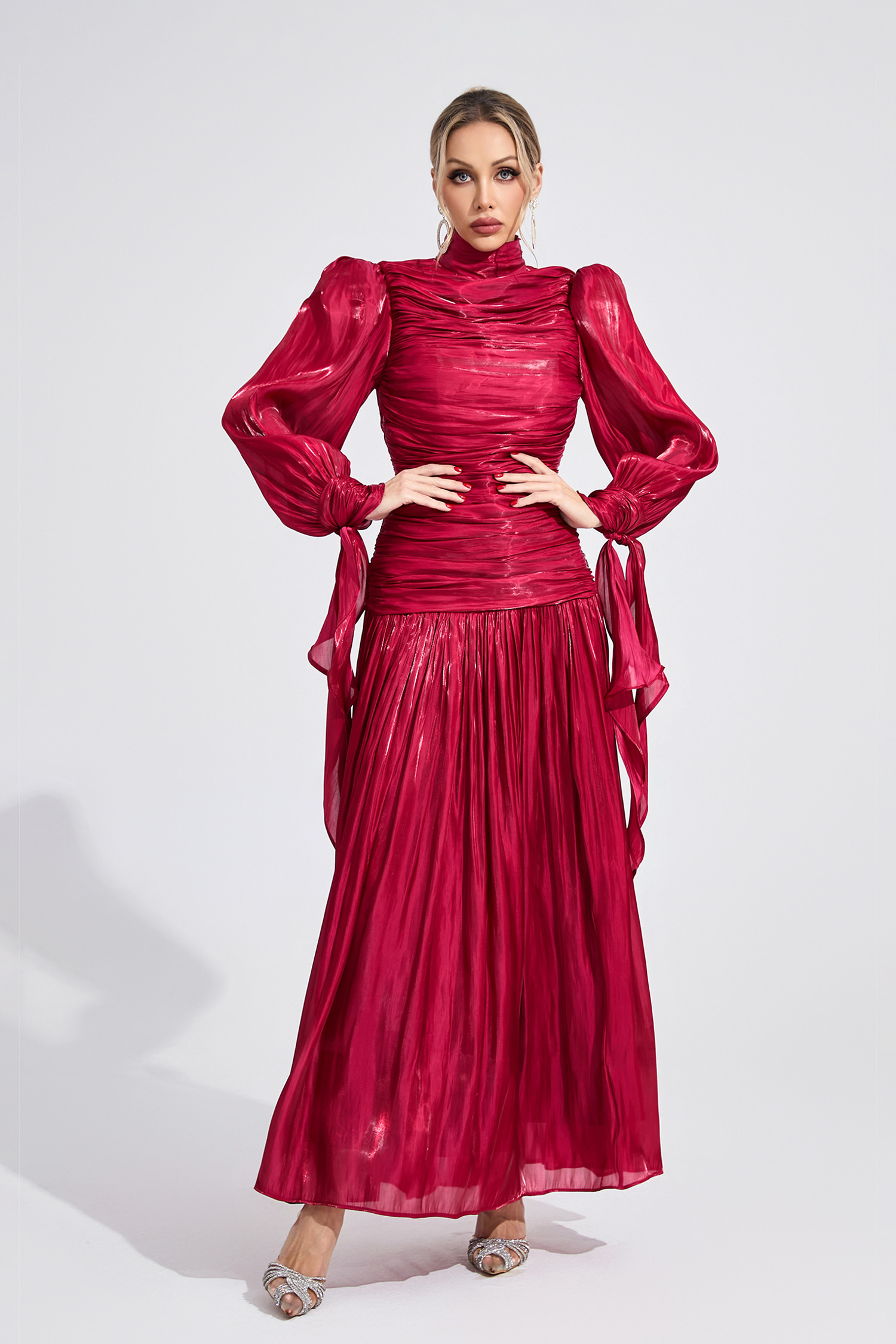 Shadow Wine Red Pleated Maxi Dress