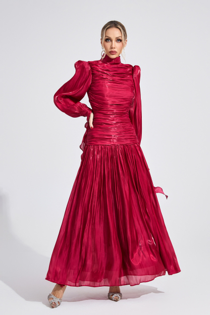 Shadow Wine Red Pleated Maxi Dress