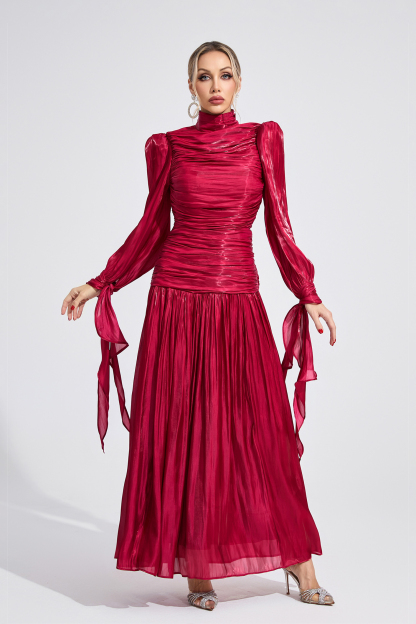 Shadow Wine Red Pleated Maxi Dress