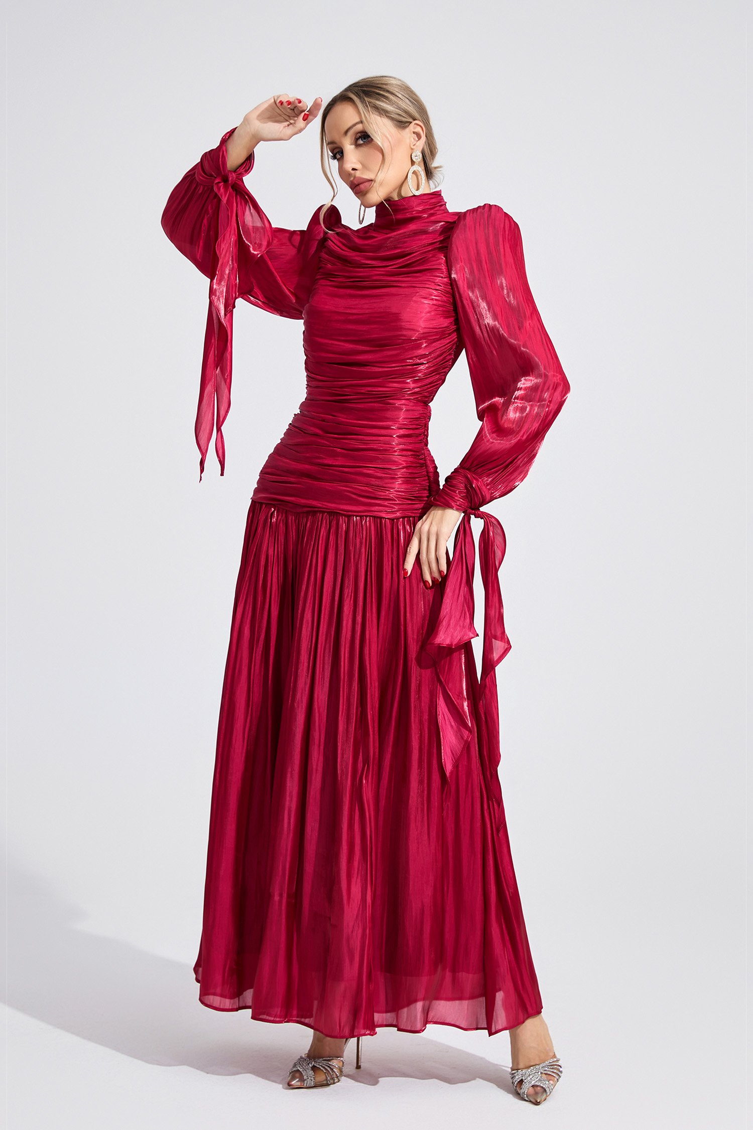 Shadow Wine Red Pleated Maxi Dress