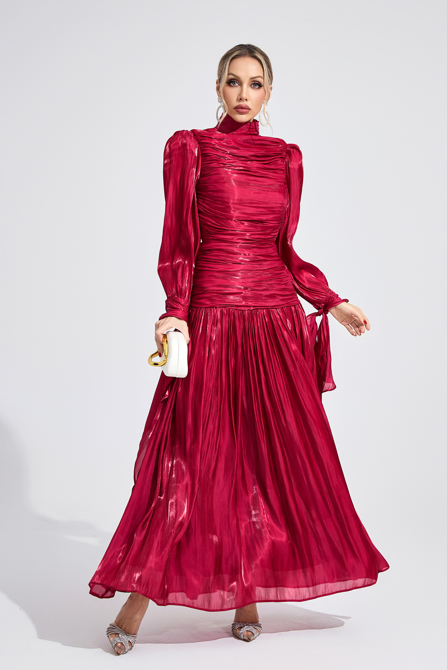 Shadow Wine Red Pleated Maxi Dress