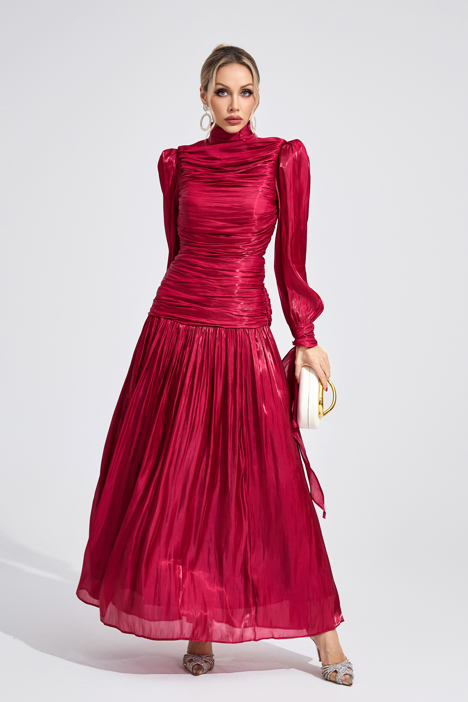 Shadow Wine Red Pleated Maxi Dress