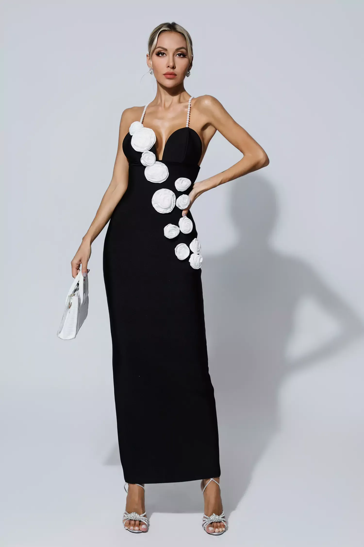 Vincent Black Pearl Slip Floral Bandage Dress