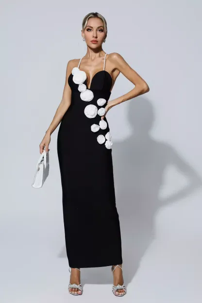 Vincent Black Pearl Slip Floral Bandage Dress