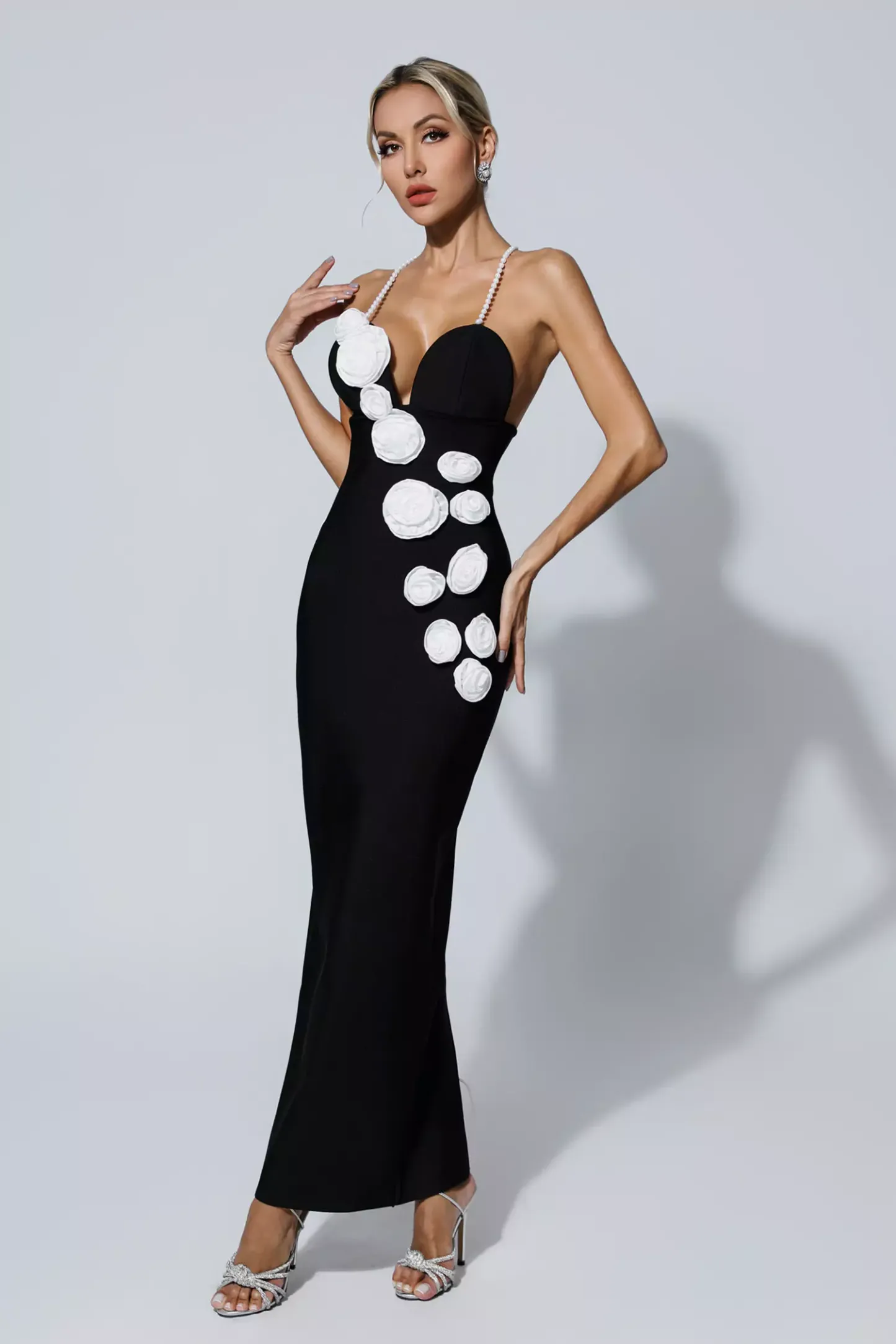 Vincent Black Pearl Slip Floral Bandage Dress