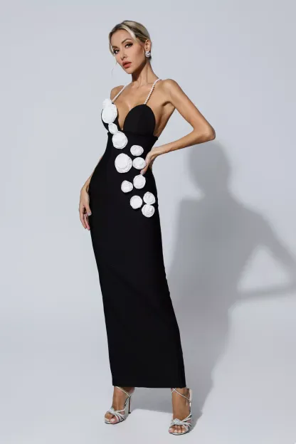 Vincent Black Pearl Slip Floral Bandage Dress