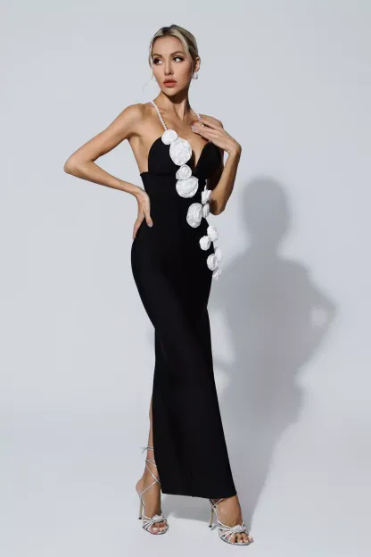 Vincent Black Pearl Slip Floral Bandage Dress
