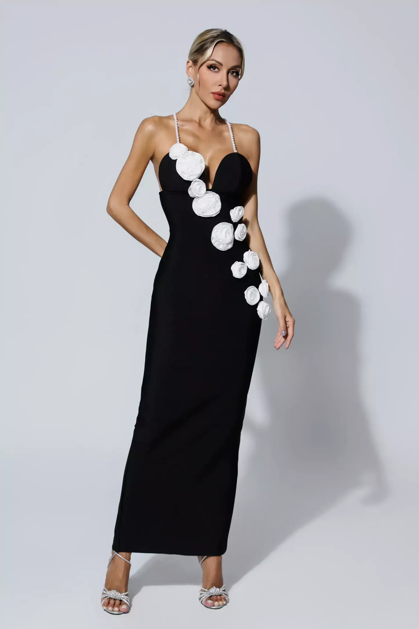 Vincent Black Pearl Slip Floral Bandage Dress