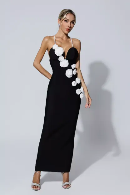Vincent Black Pearl Slip Floral Bandage Dress