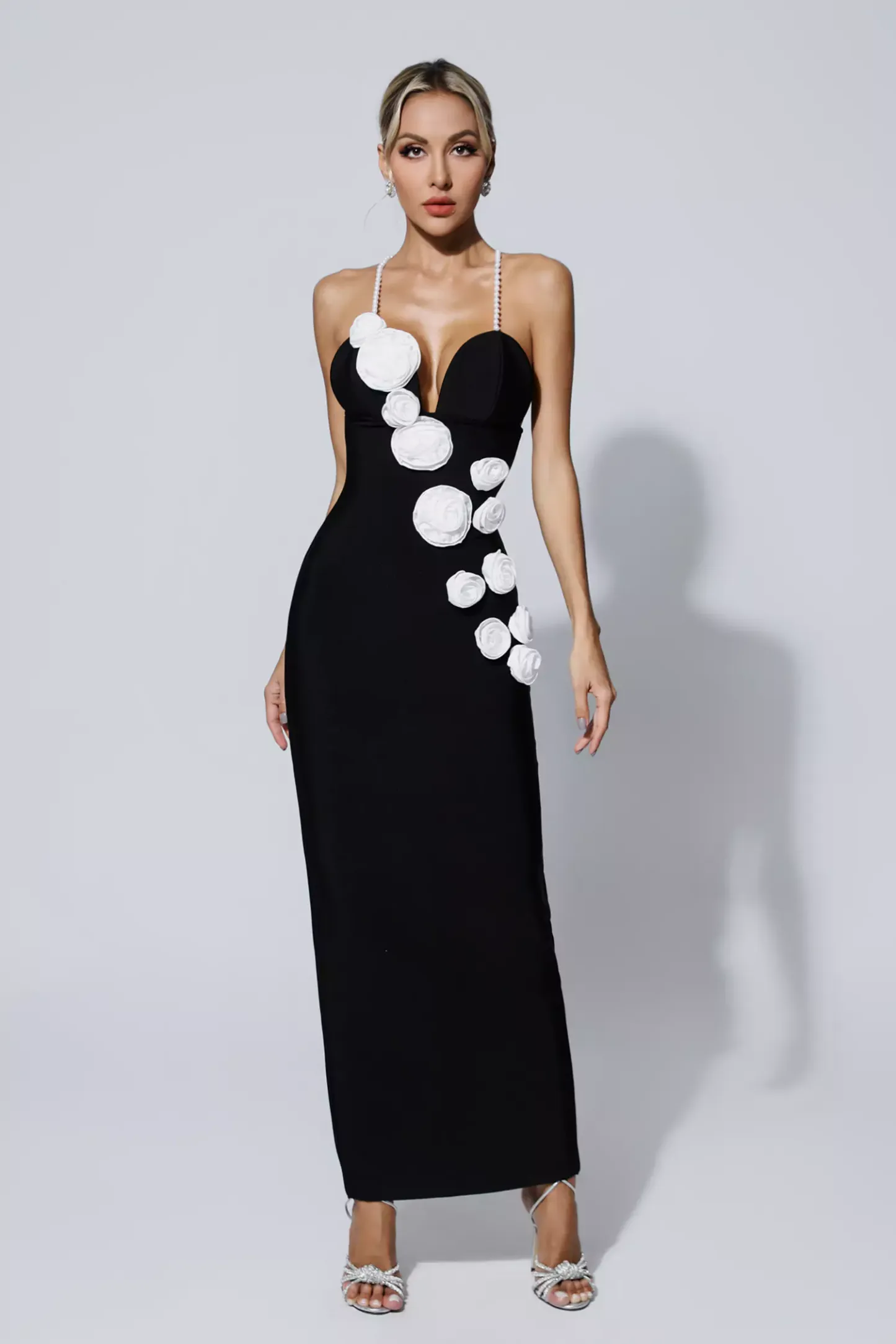 Vincent Black Pearl Slip Floral Bandage Dress