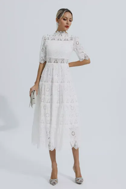 Epiphyllum White Hollow Half Sleeve Midi Dress